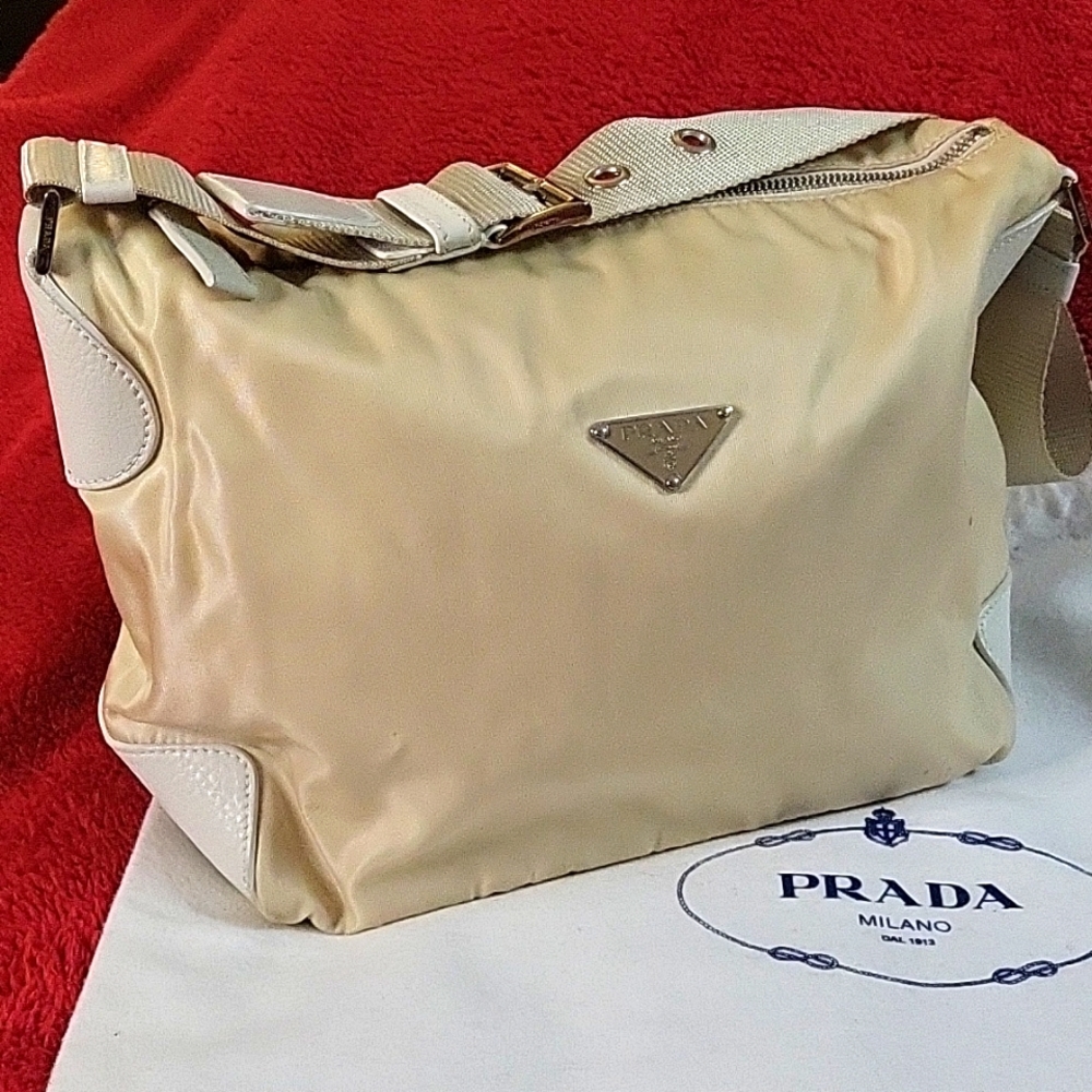 Authentic Prada creme nylon zip top shoulder bag